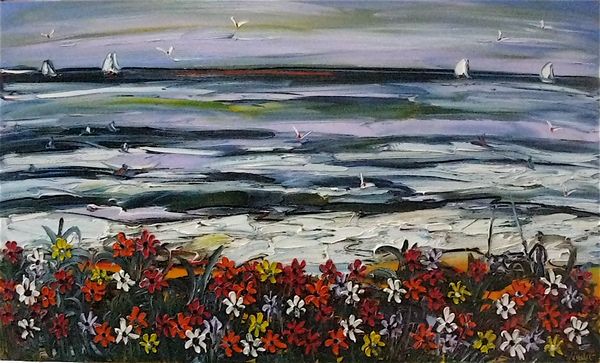 Beach Daisys and Fisherman at Dusk 1.5m x 90cm