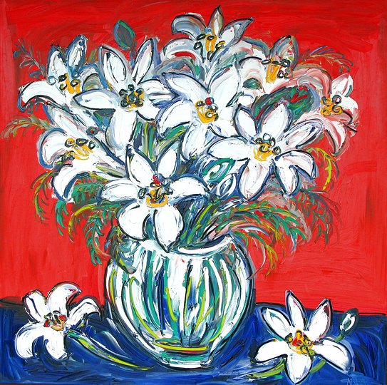 Lily Bouquet on Red II 1.1 m x 1.1m