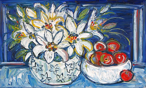 Lily Bouquet and Fruit on Blue 90cm x 1.5m